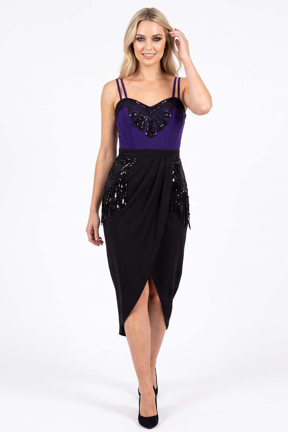 ODESSA Art Deco Sequin Dress in Black and Purple