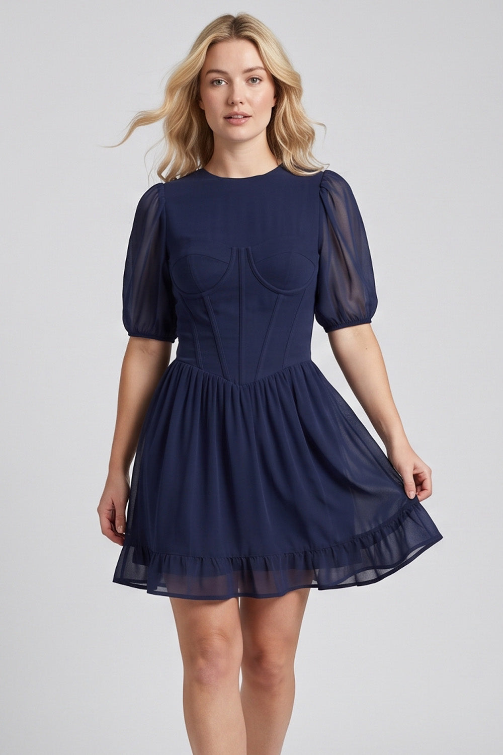 JULIETTE Georgette Puff Sleeve Corset Mini Dress in Blue