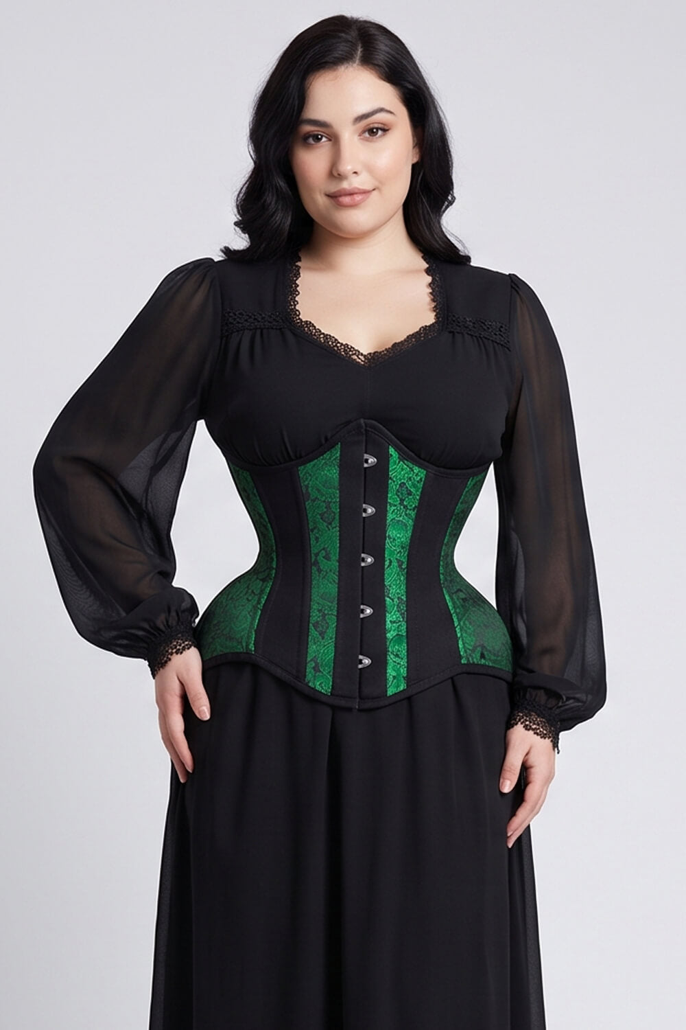 ASTER Overbust Waist-Training Corset in Black Satin on model – front view | LUXE NOIR