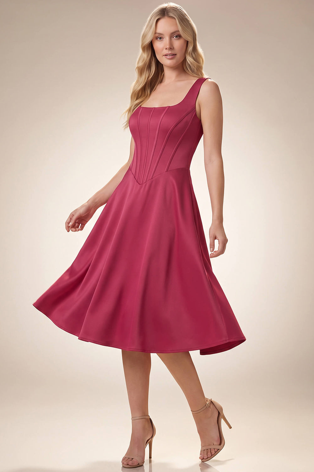 A woman modeling a Luxe Noir sleeveless, scoop-neck A-line midi corset dress in a rich magenta pink. The dress features structured boning at the waist and a flared skirt, shown against a solid warm beige studio background.