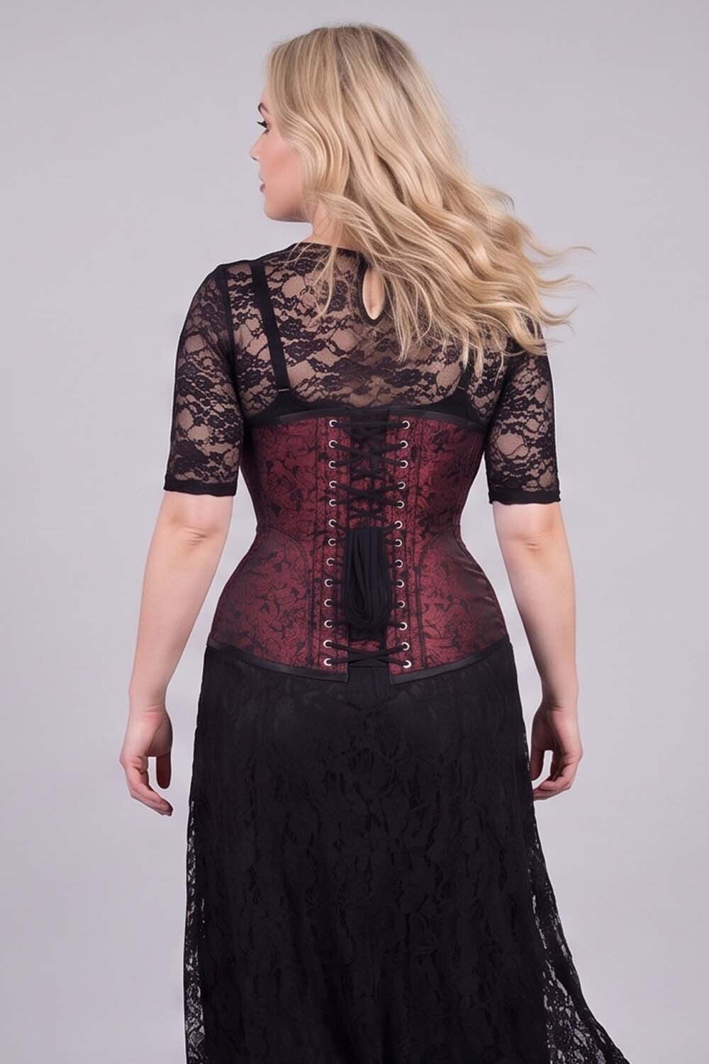 ORCHID Underbust Waist-Training Corset in Maroon Brocade on model - back view