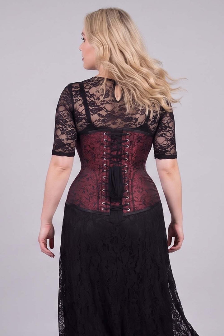 ORCHID Underbust Waist-Training Corset in Maroon Brocade on model - back view