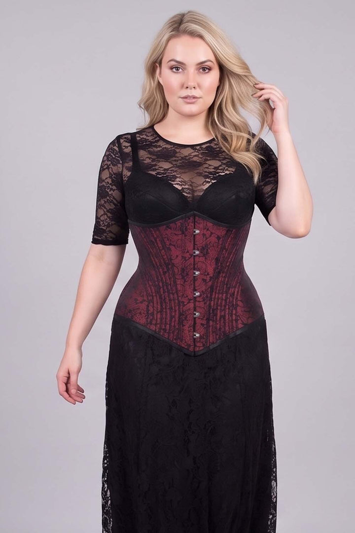 ORCHID Underbust Waist-Training Corset in Maroon Brocade on model - front view