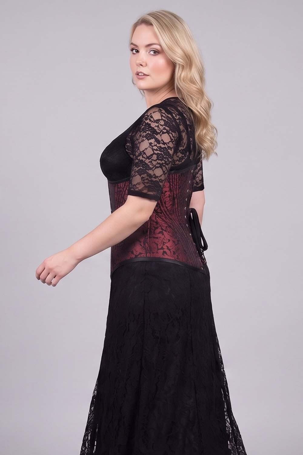 ORCHID Underbust Waist-Training Corset in Maroon Brocade on model - side view
