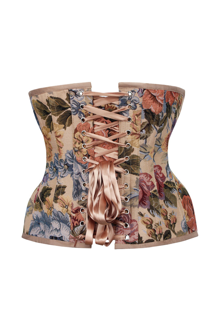 IVY Curvy Underbust Waist-Training Corset in Beige Floral Tapestry Brocade - back view