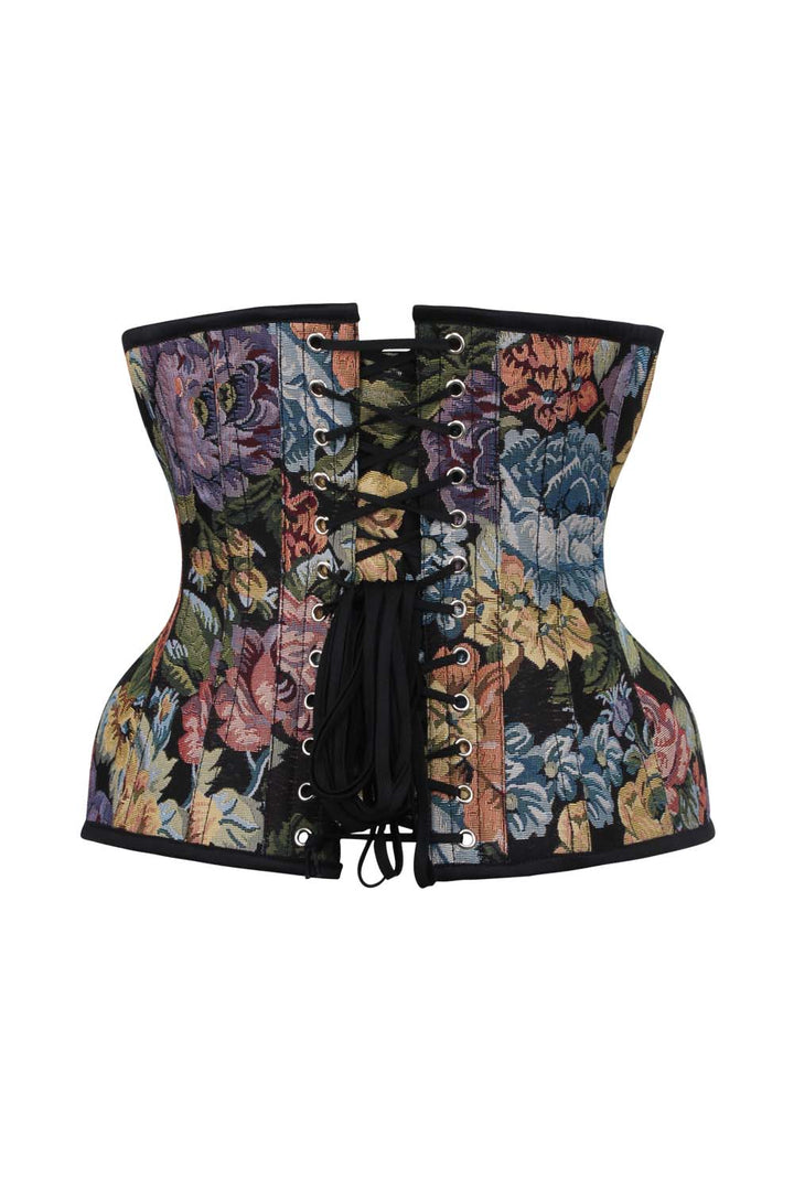 IVY Curvy Underbust Waist-Training Corset in Black Floral Tapestry Brocade - back view