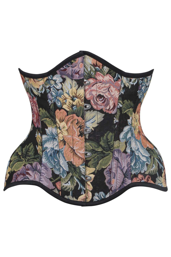 IVY Curvy Underbust Waist-Training Corset in Black Floral Tapestry Brocade - front view