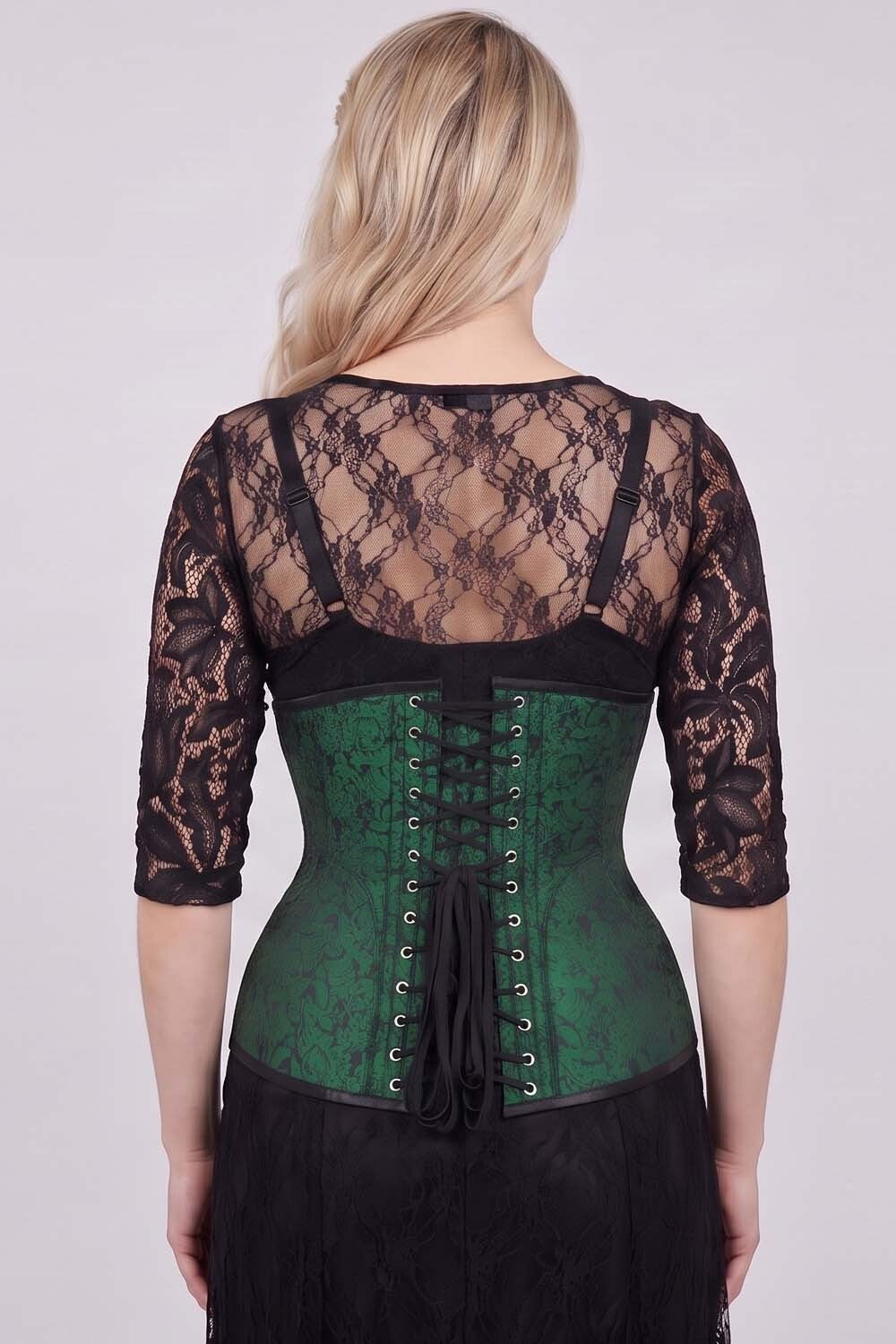 ORCHID Underbust Waist-Training Corset in Green Brocade on model - back view