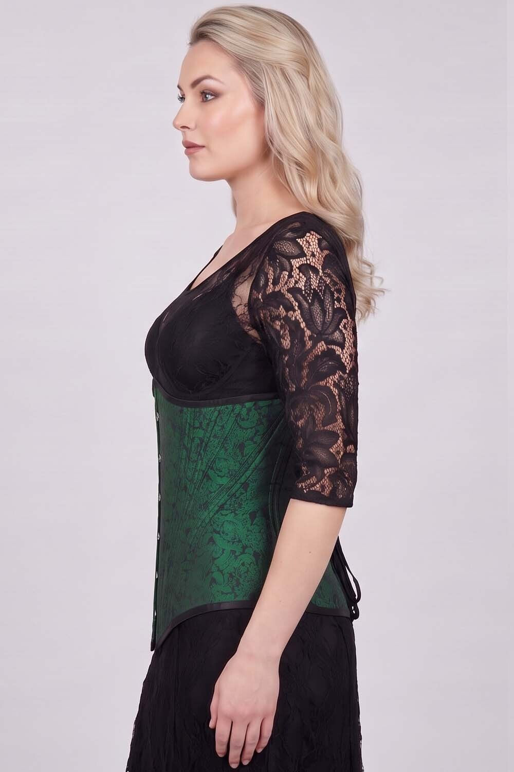 ORCHID Underbust Waist-Training Corset in Green Brocade on model - side view