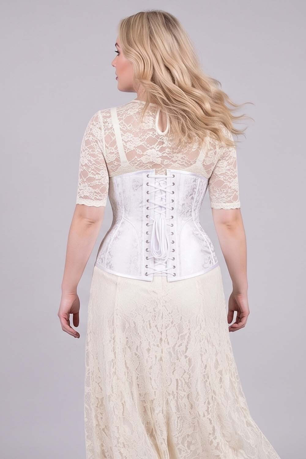 ORCHID Underbust Waist-Training Corset in White Brocade on model - back view