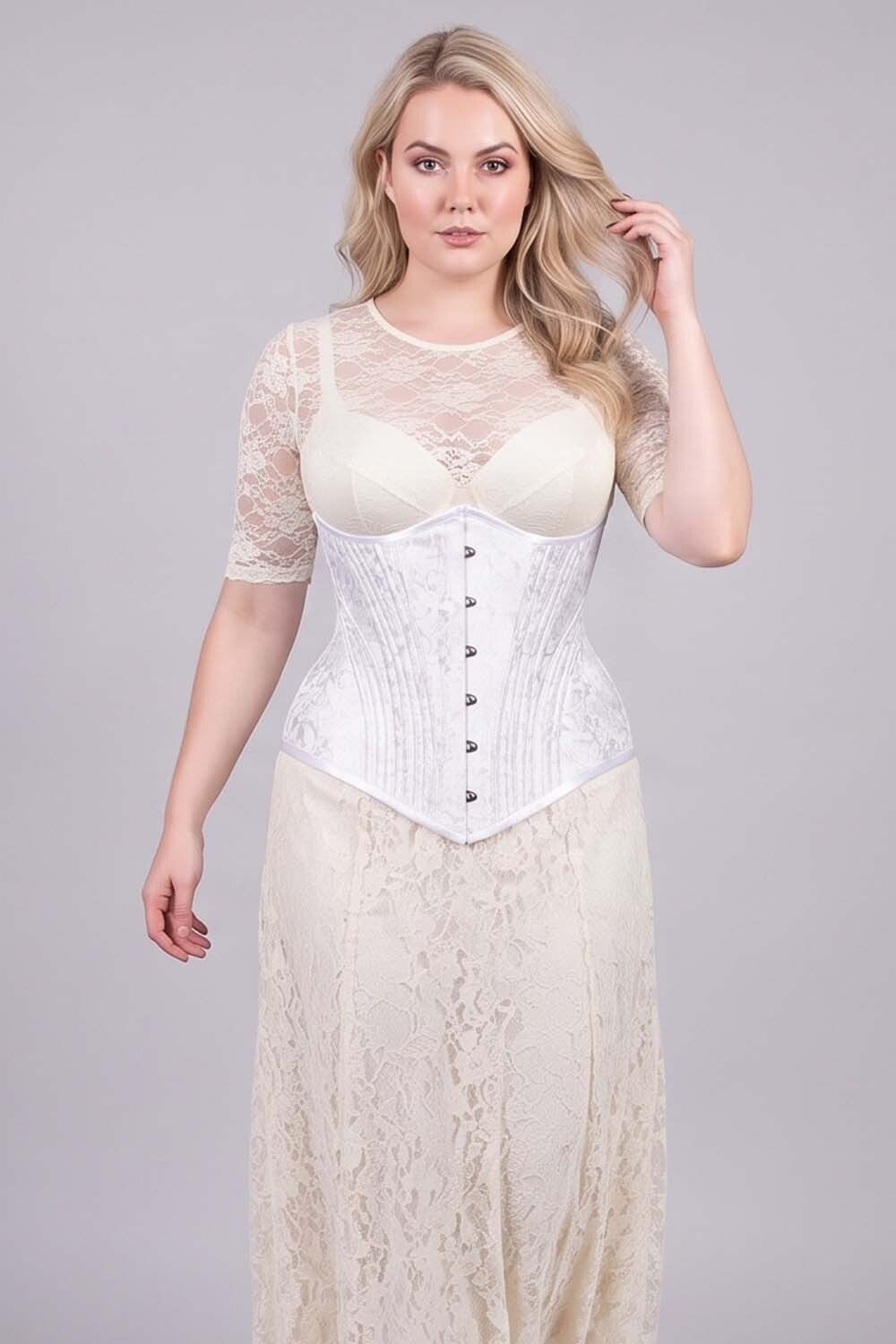 ORCHID Underbust Waist-Training Corset in White Brocade on model - front view