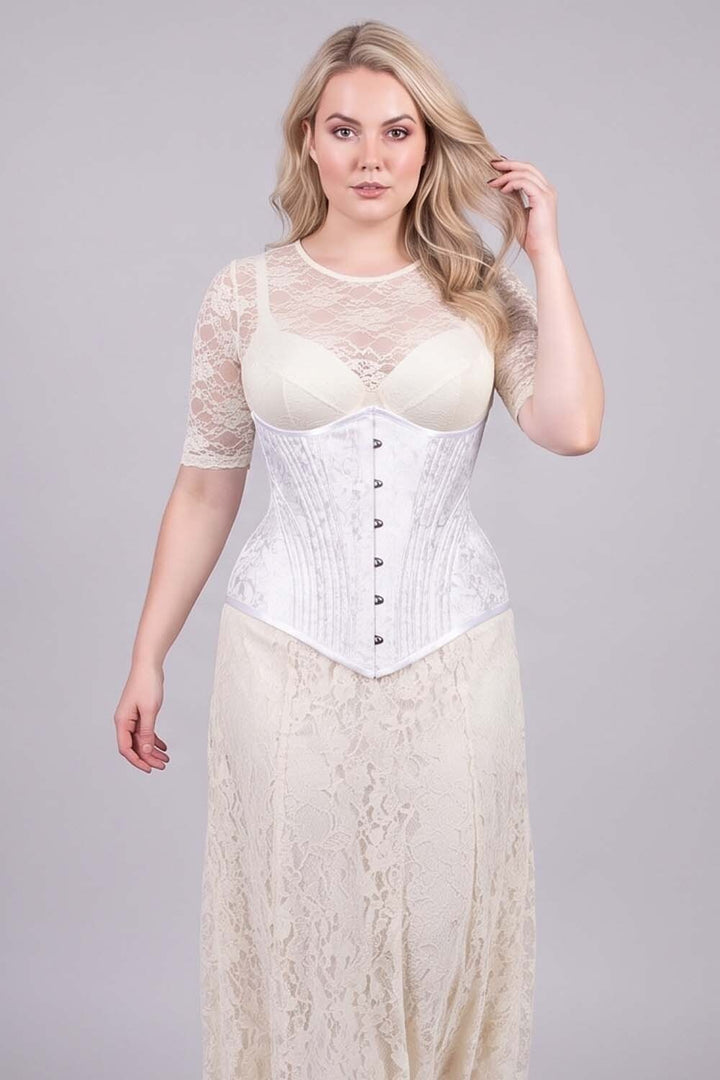 ORCHID Underbust Waist-Training Corset in White Brocade on model - front view