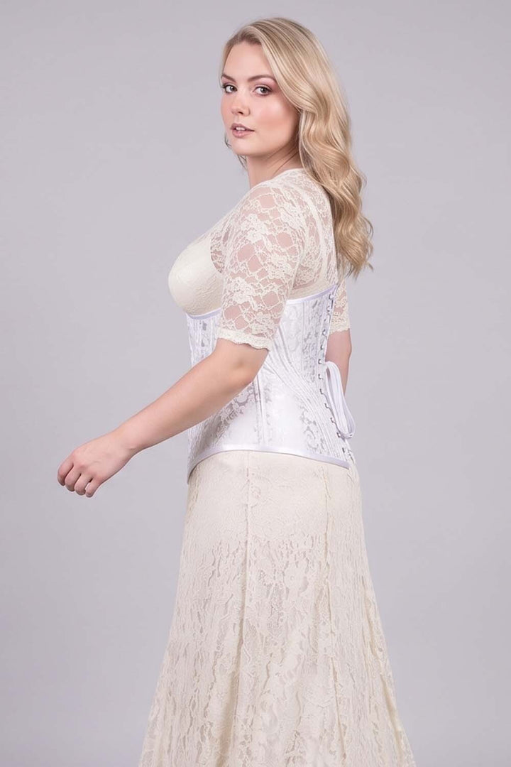 ORCHID Underbust Waist-Training Corset in White Brocade on model - side view