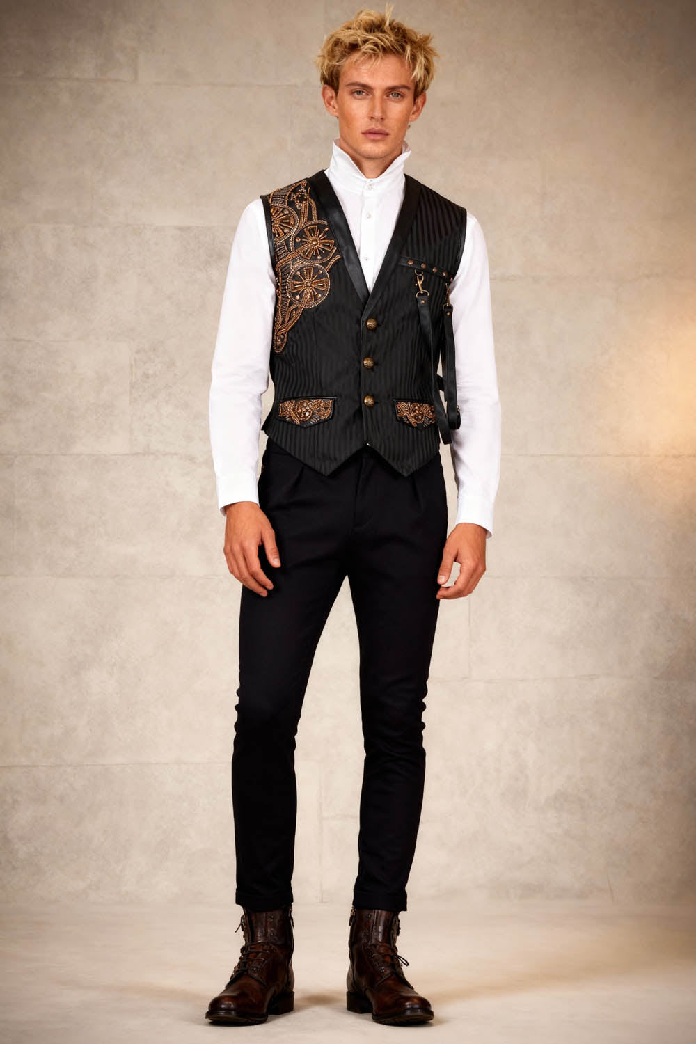 Klaus embroidered black men's waistcoat, full front view