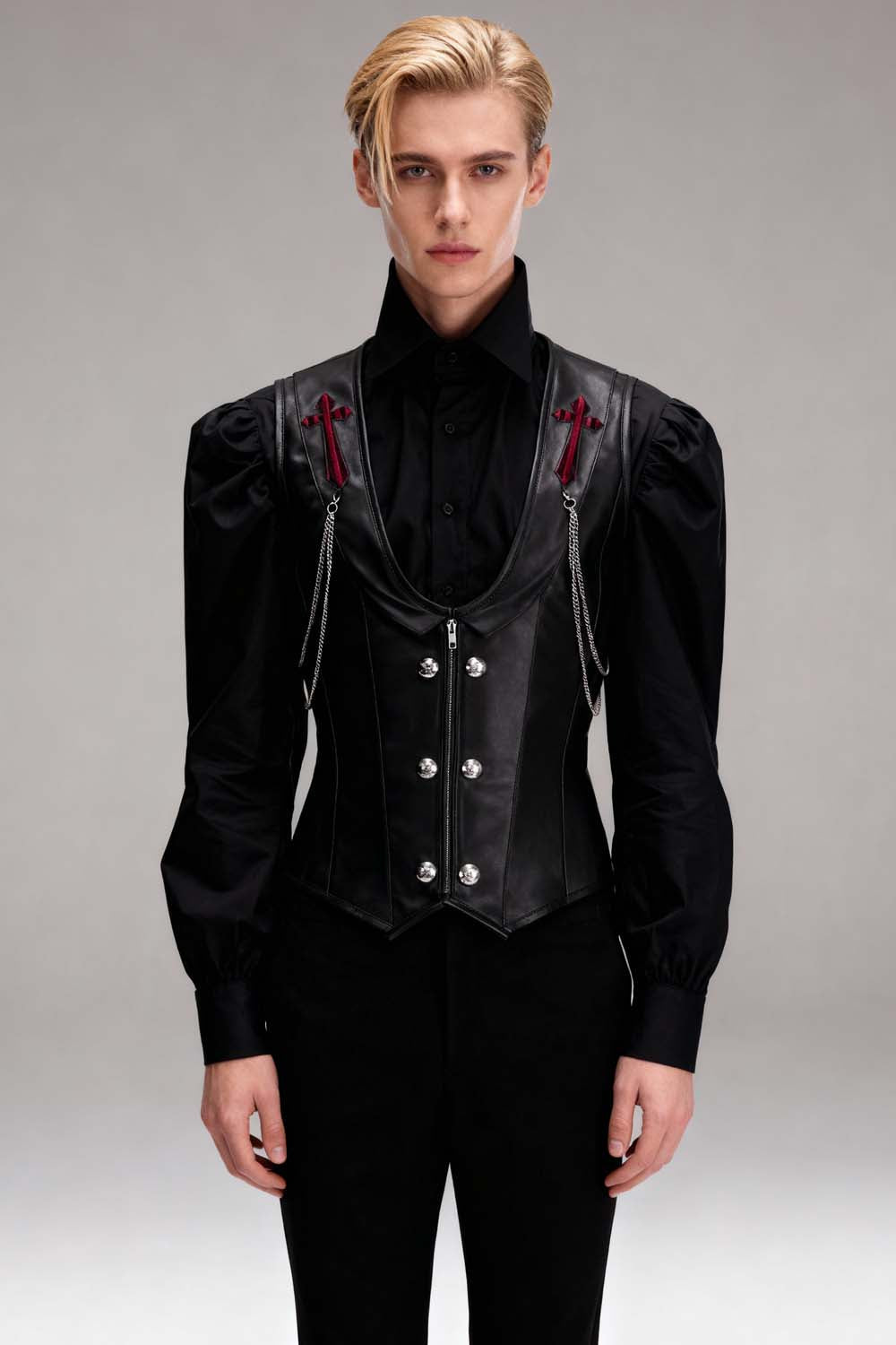 Blodwyn faux leather men's underchest corset, full front view