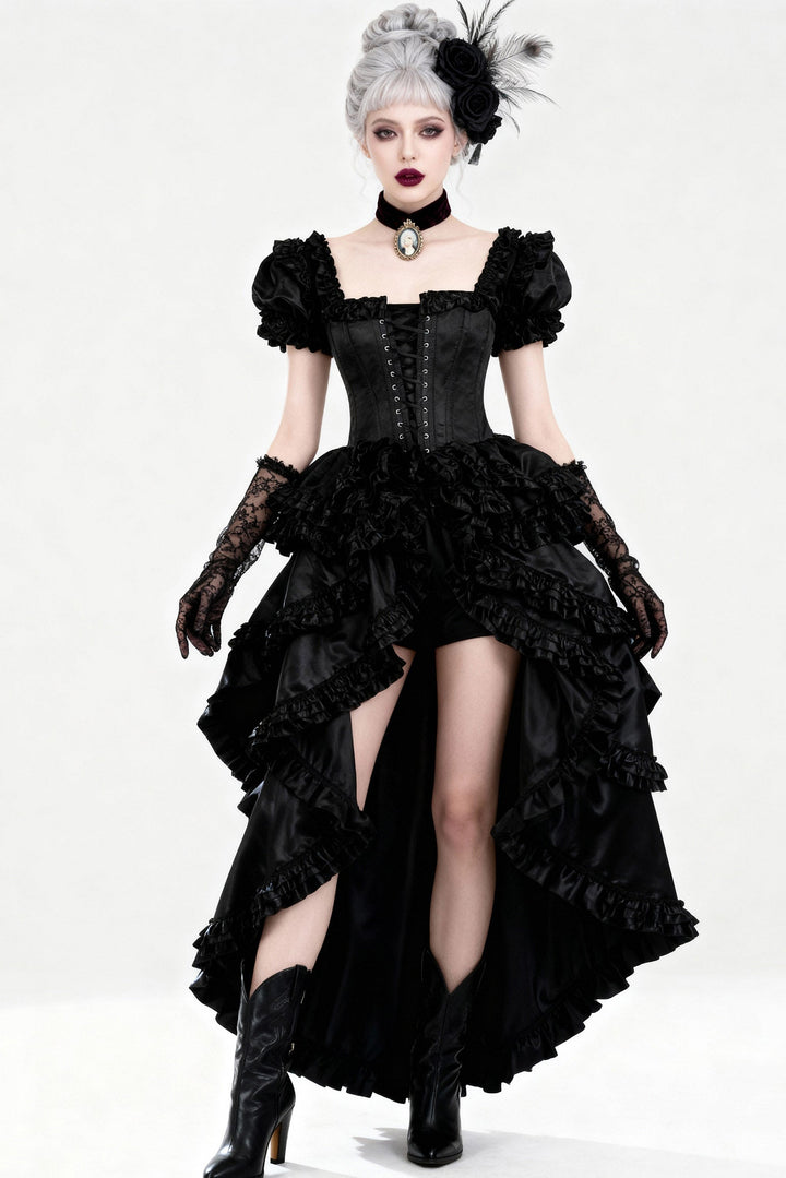 Shalaya Rococo Black Satin Frill Corset Dress - view 4 | LUXE NOIR