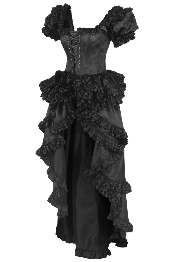 Shalaya Rococo Black Satin Frill Corset Dress - view 2 | LUXE NOIR