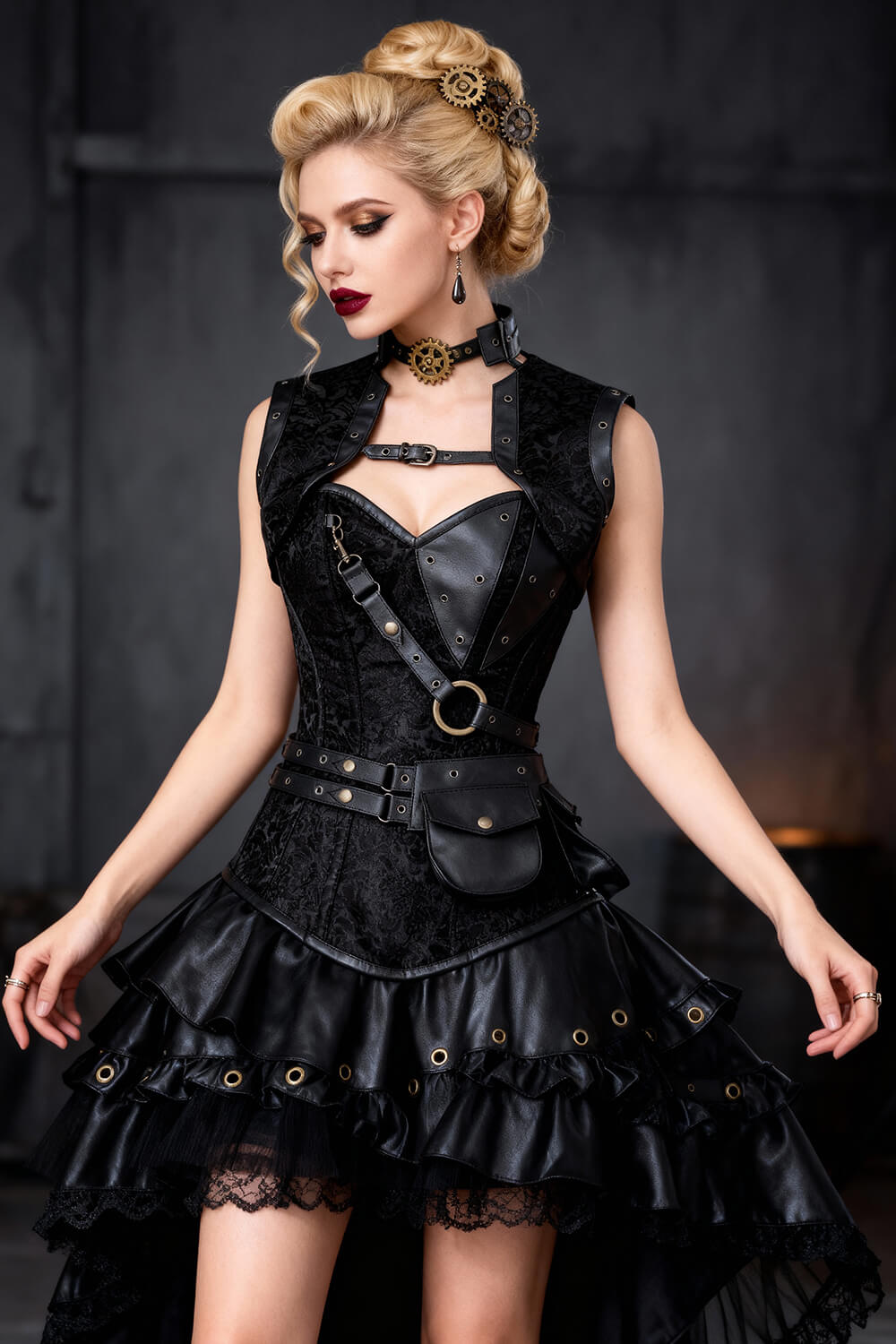Renata Black Brocade Steampunk Corset with Shrug