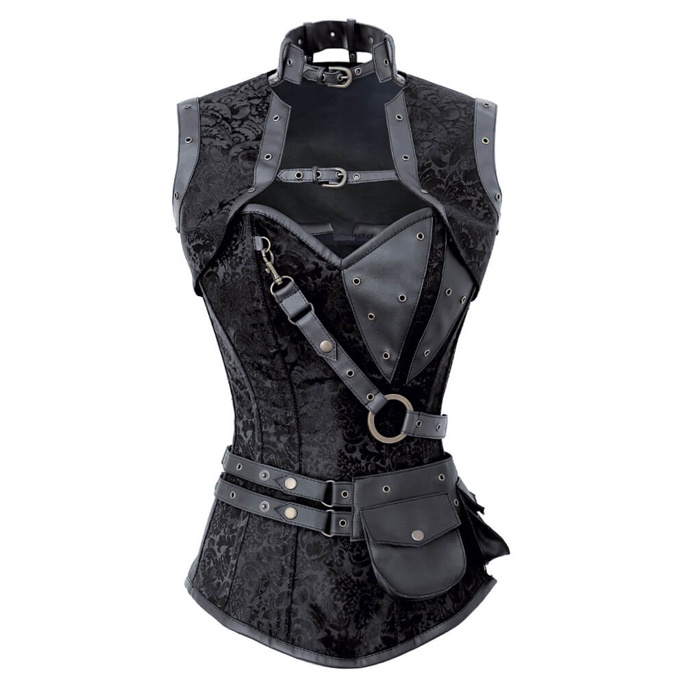Renata Black Brocade Steampunk Corset with Shrug