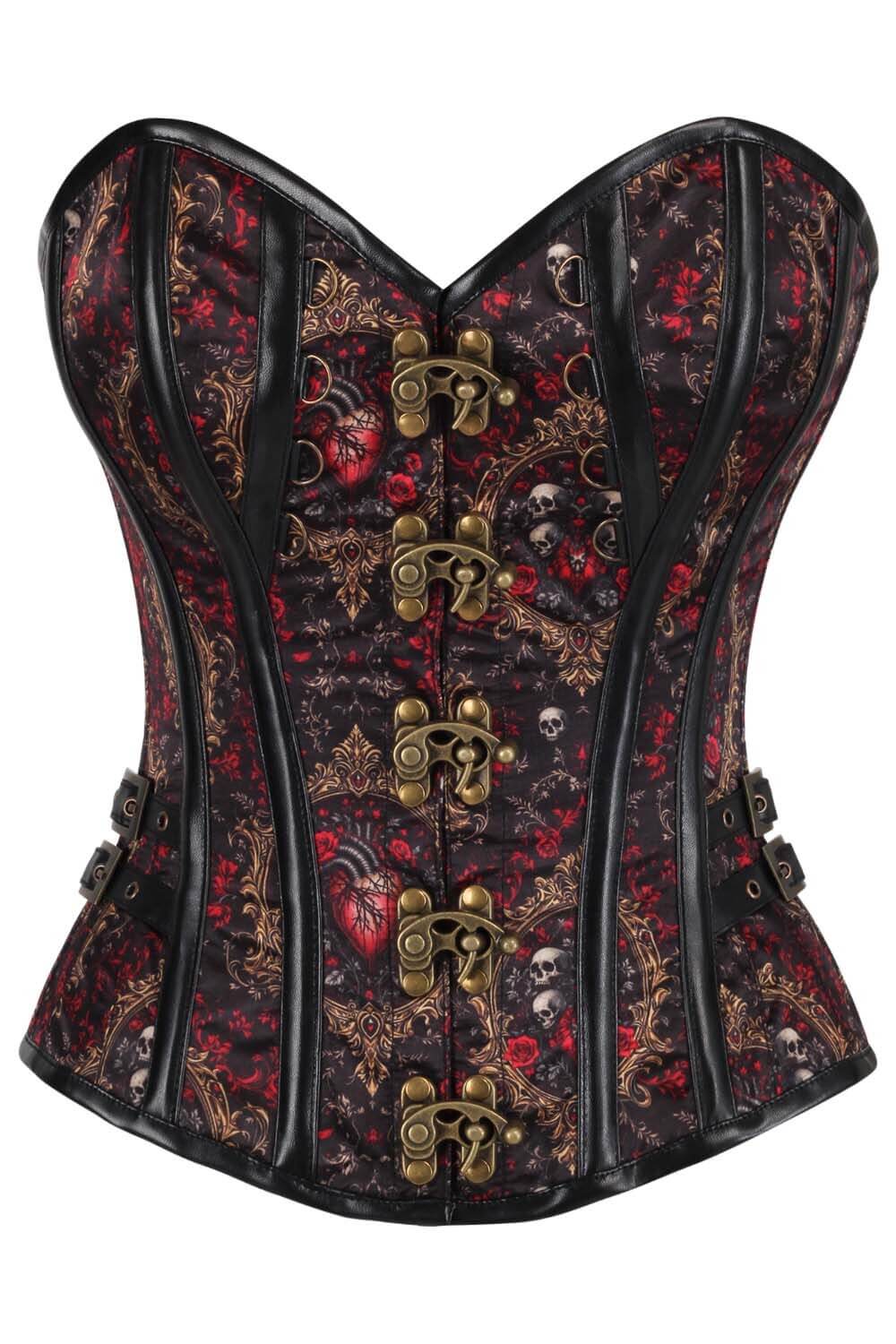 Shalana Baroque Red Rose With Skull Overbust Corset