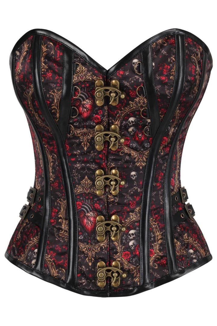 Shalana Baroque Red Rose With Skull Overbust Corset