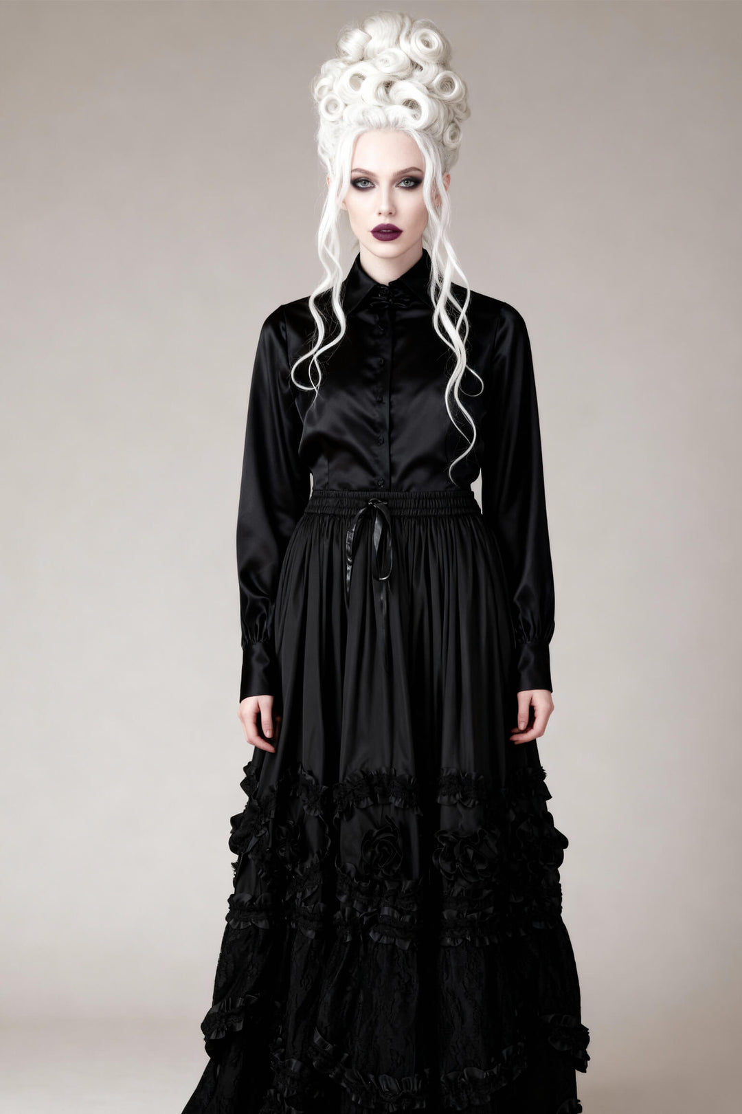 Audri Rococo Cupcake Black Satin Long Skirt - view 4 | LUXE NOIR