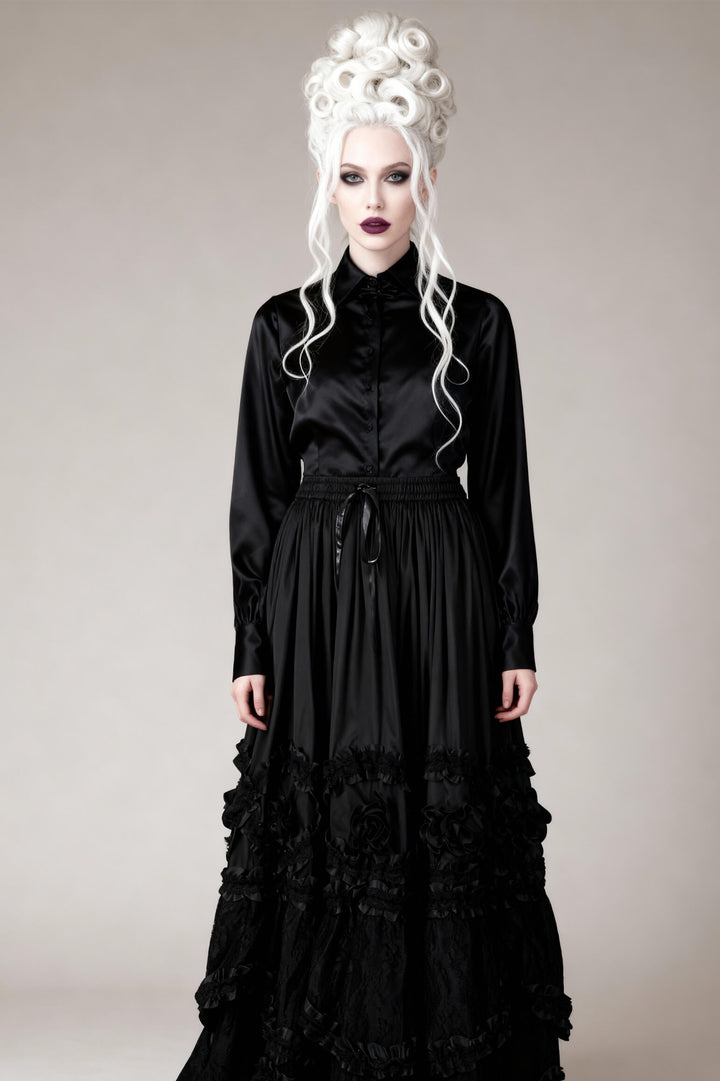 Audri Rococo Cupcake Black Satin Long Skirt - view 4 | LUXE NOIR