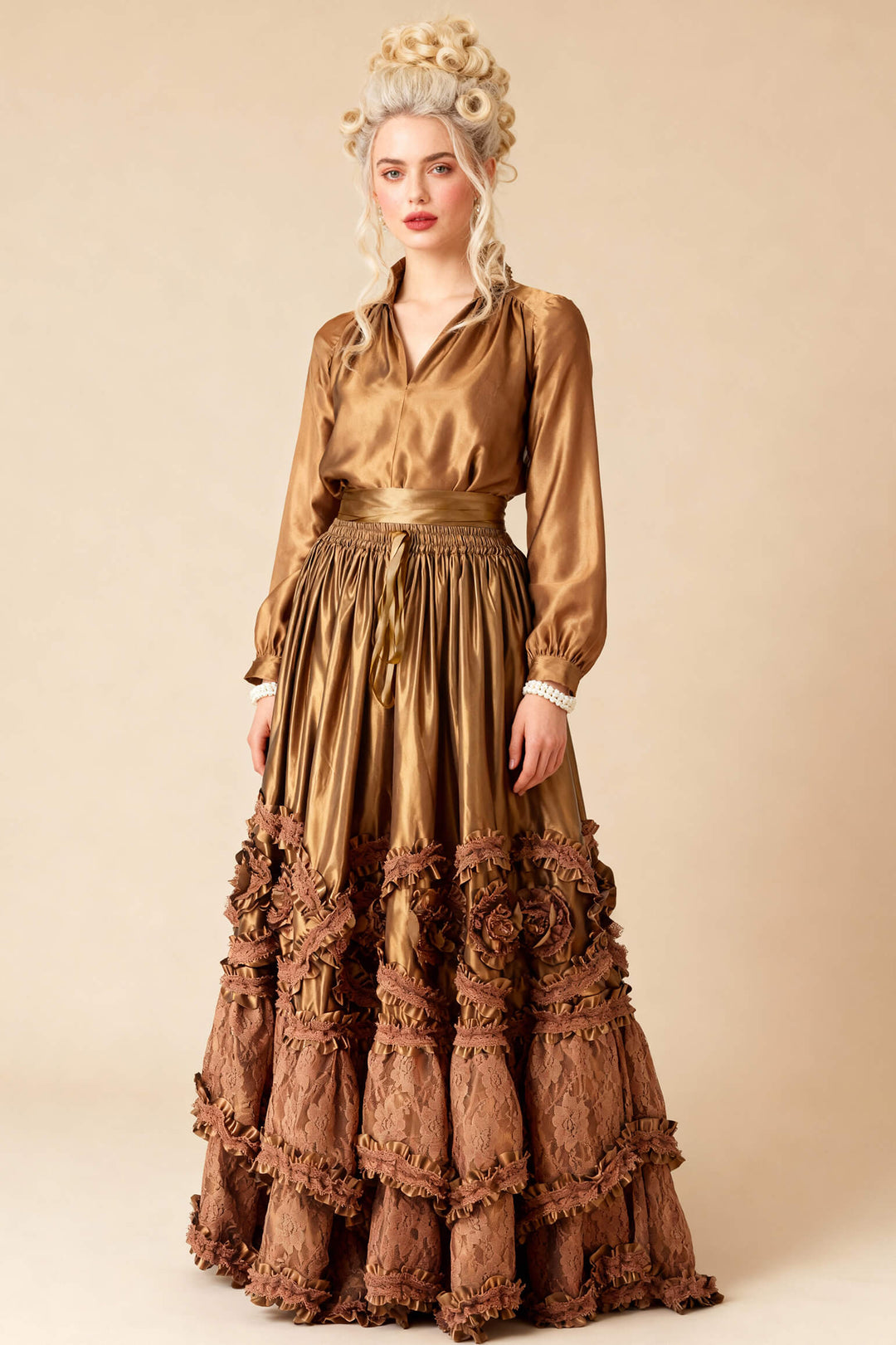 Aneira Rococo Cupcake Gold Satin Long Skirt - view 4 | LUXE NOIR