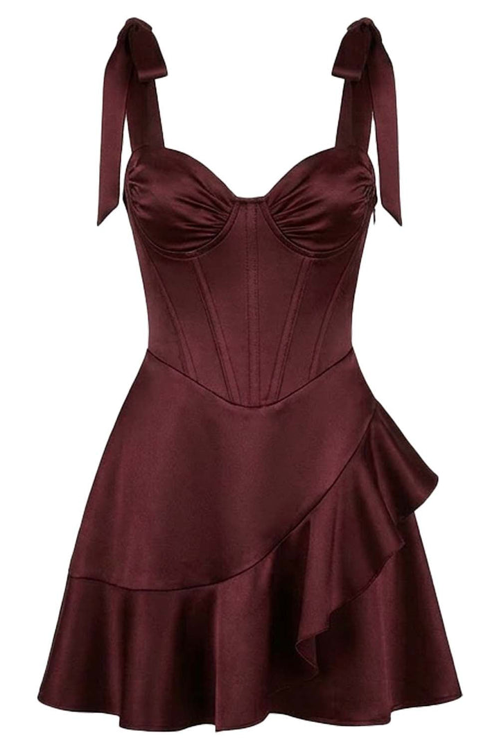 CARMILLA corset dress in dark maroon on model - front view