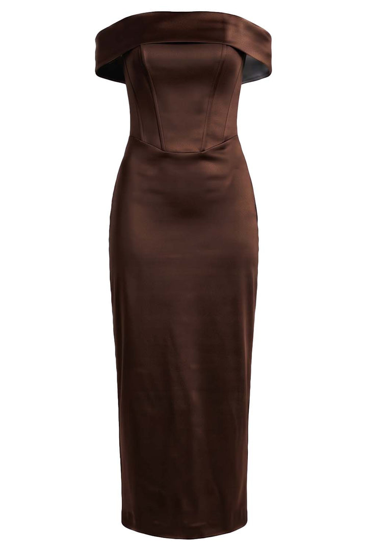 CELESTINE strapless column evening dress in brown on model - front view