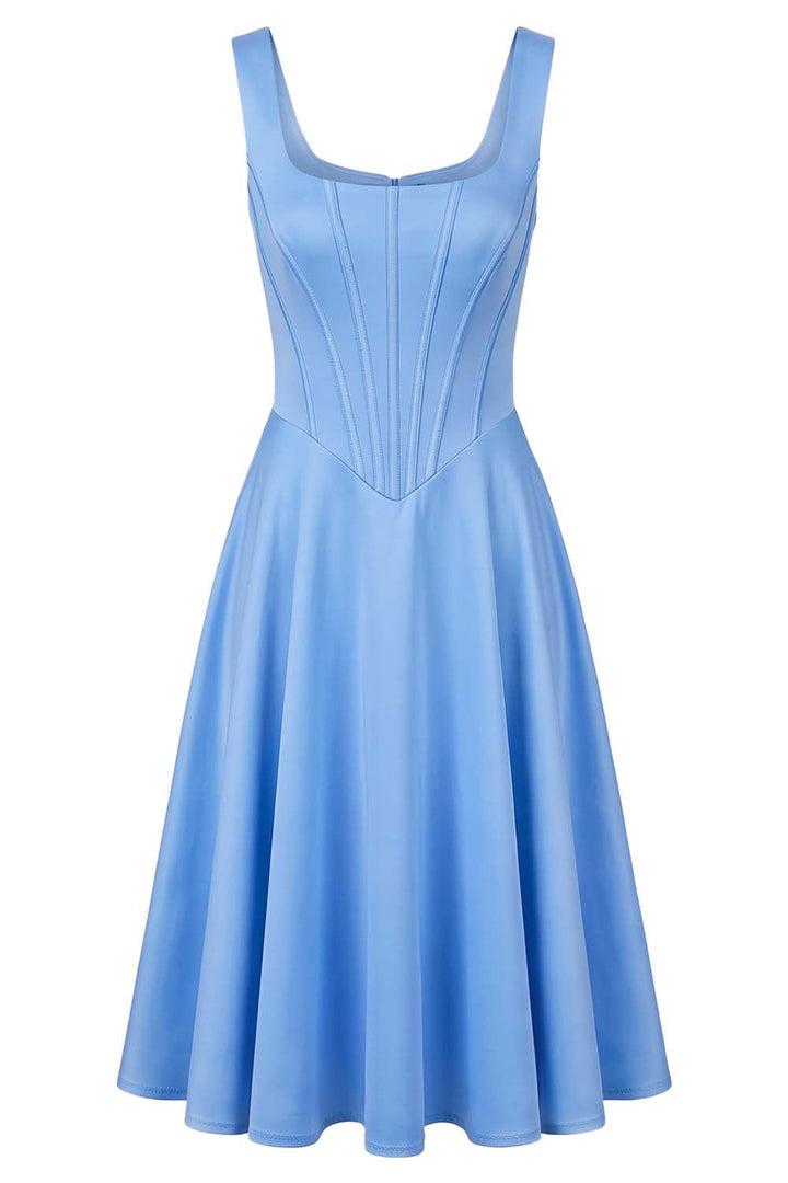 MIRABELLE corset sundress in cornflower blue on model - front view