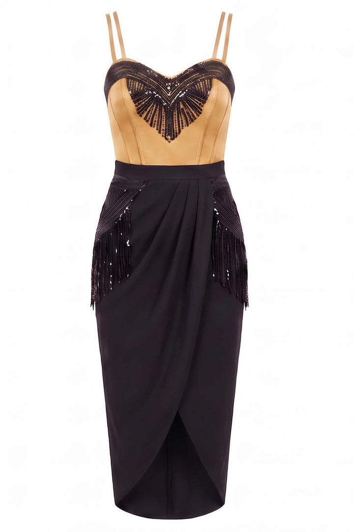 ODESSA Art Deco sequin dress in golden tan and black on model - front view