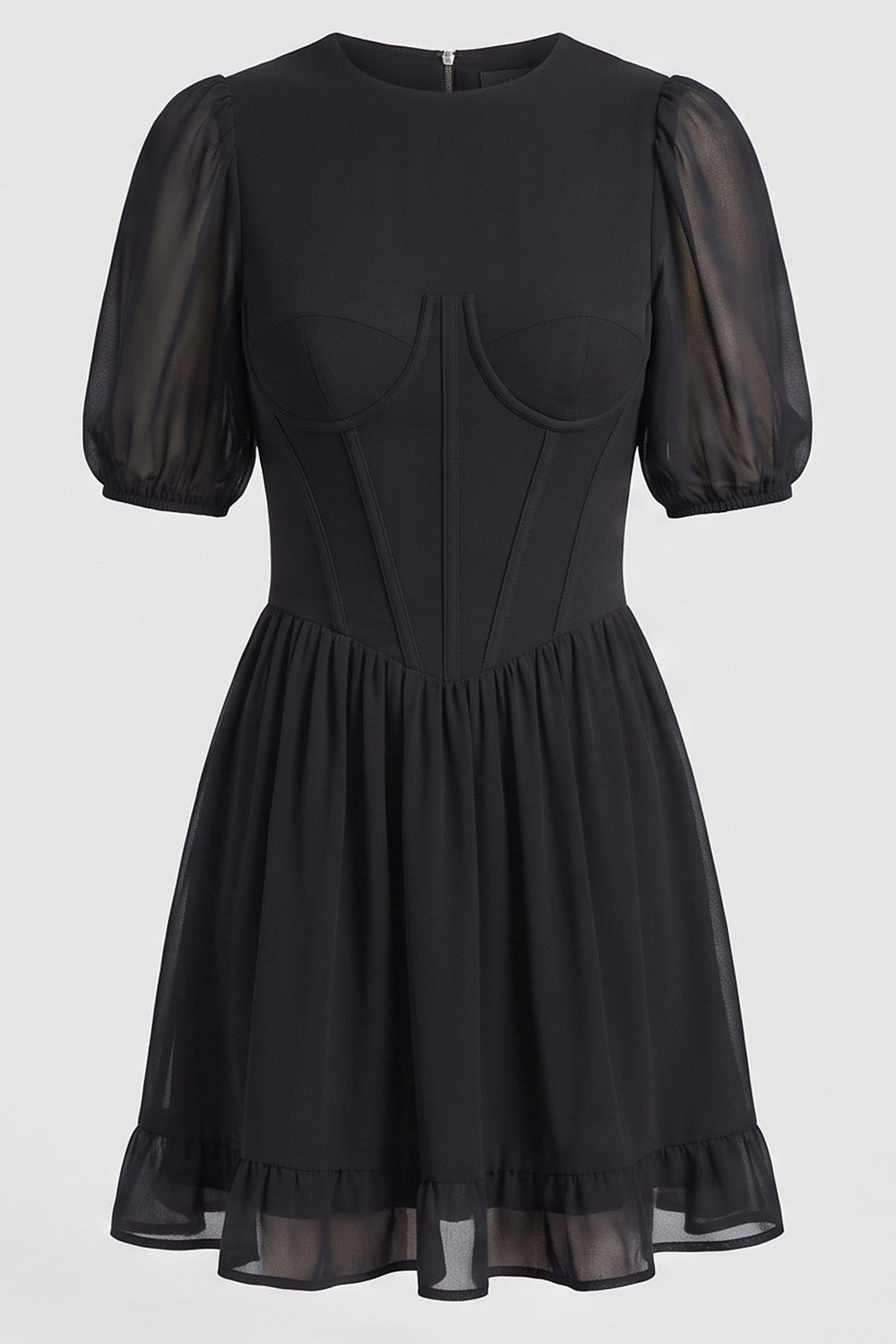 JULIETTE Georgette Puff Sleeve Corset Mini Dress in Black