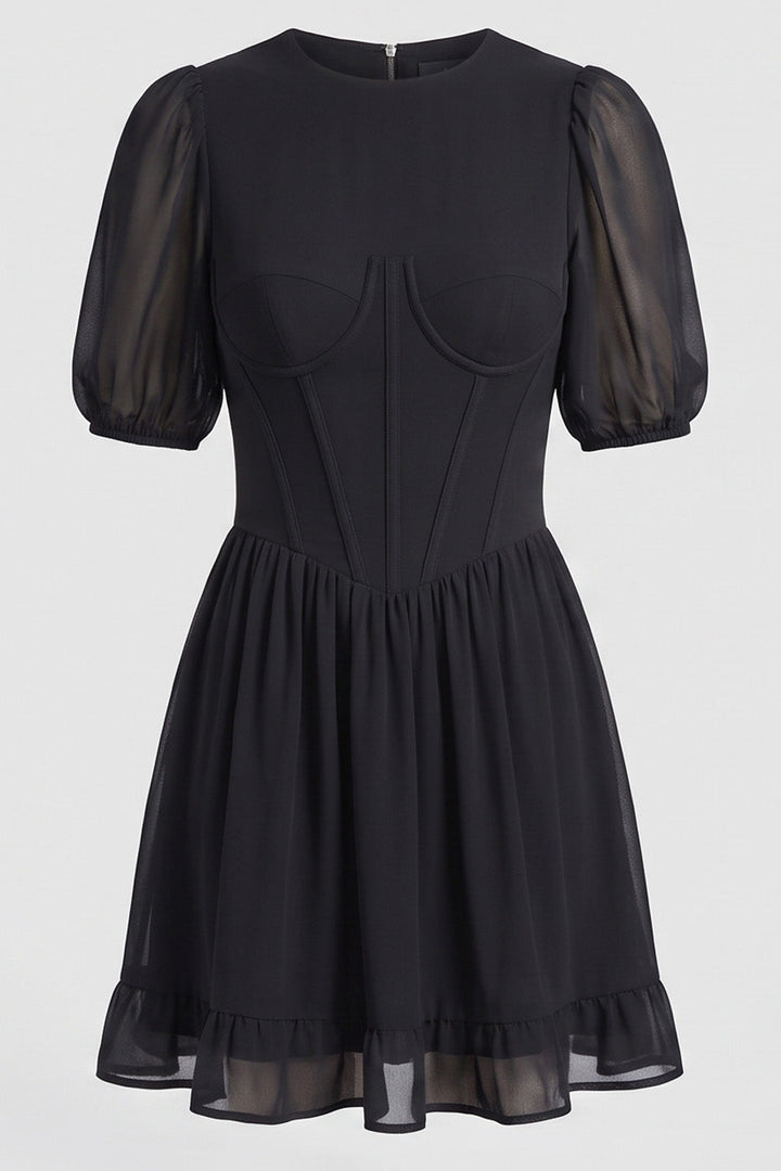JULIETTE georgette puff sleeve corset mini dress in black on model - front view