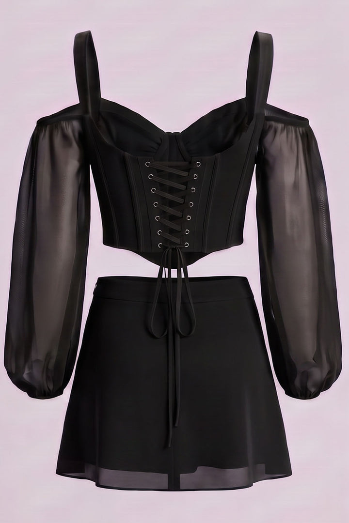 MAEVE Corset Top &amp; Mini Skirt Co-ord Set in Black by Luxe Noir – back view