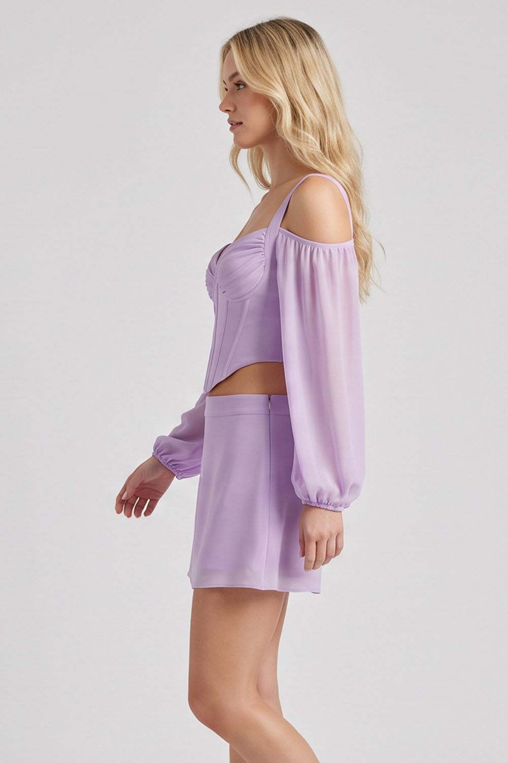 MAEVE Corset Top & Mini Skirt Co-ord Set in Lilac on model – side view