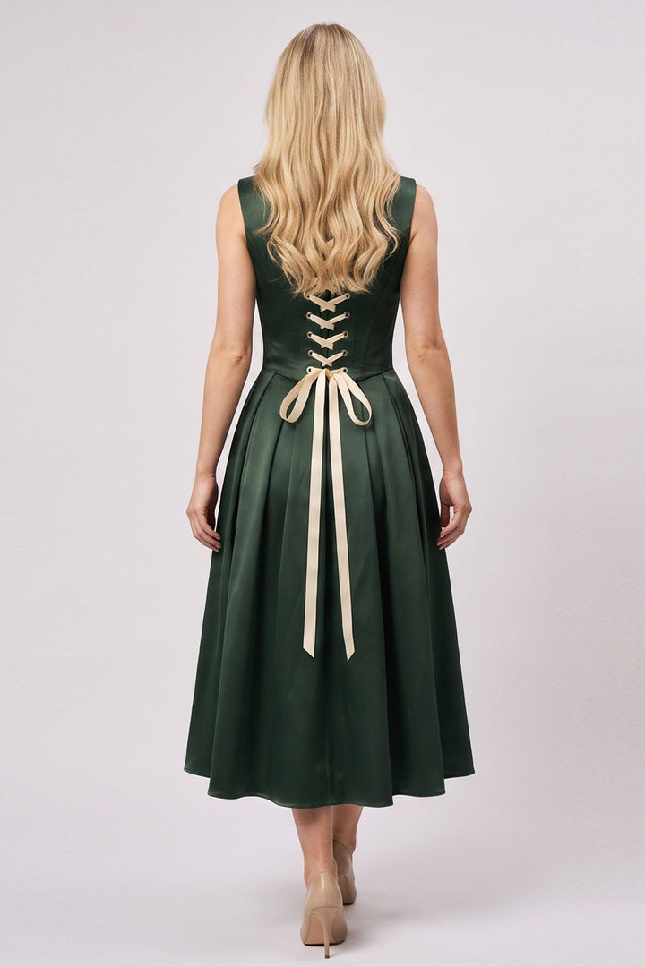 MARLY Rococo Corset Tea Dress in Forest Green / Butter Cream on model – back view