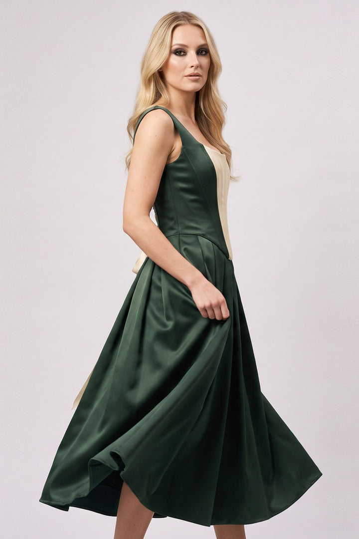 MARLY Rococo Corset Tea Dress in Forest Green / Butter Cream on model – side view