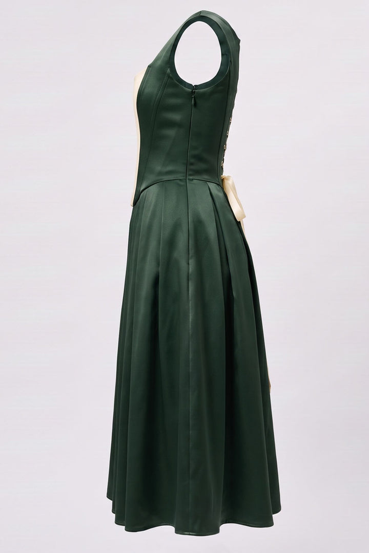 MARLY Rococo Corset Tea Dress in Forest Green / Butter Cream by Luxe Noir – side view