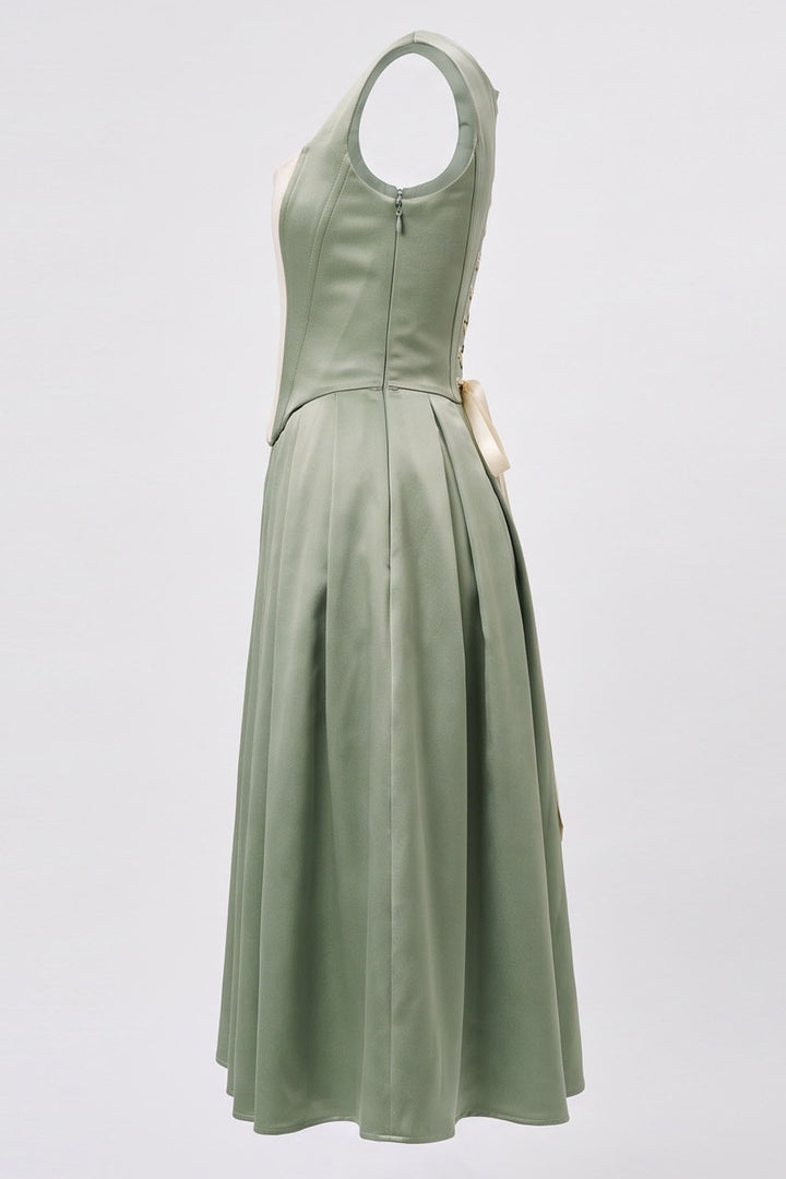 MARLY Rococo Corset Tea Dress in Pale Sage Mint / Cream by Luxe Noir – side view