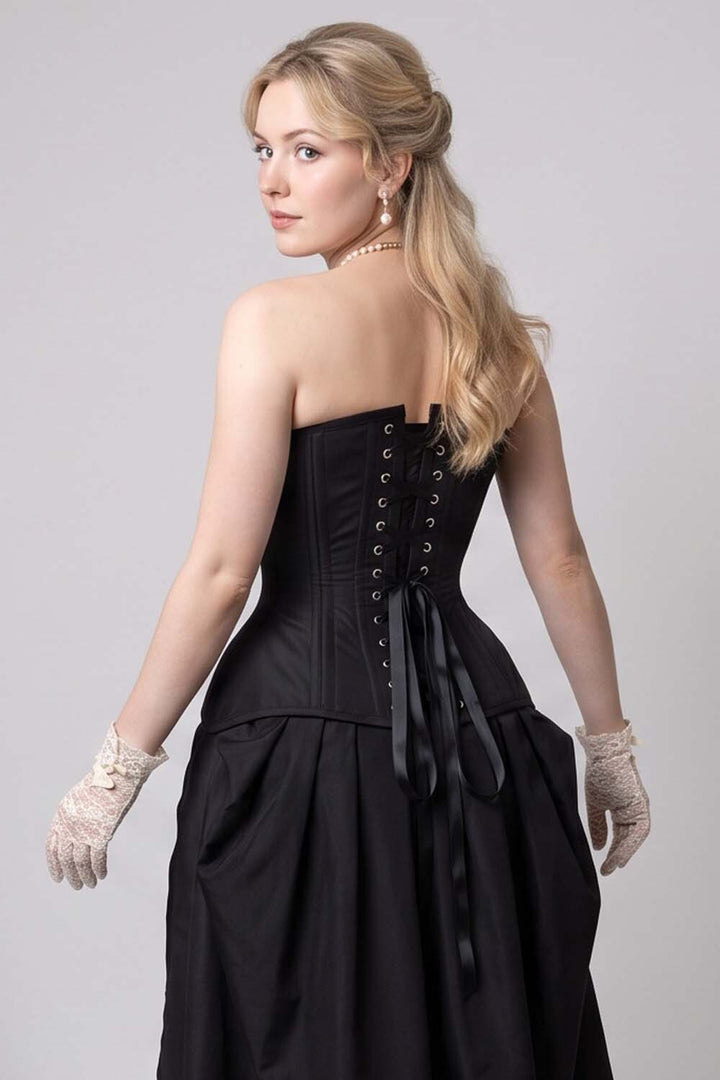 IMOGEN Overbust Waist-Training Corset in Black Satin on model - back view