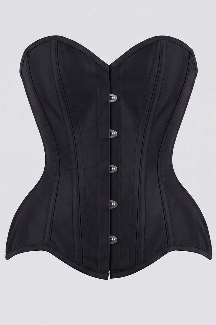 IMOGEN Overbust Waist-Training Corset in Black Satin by Luxe Noir - front view
