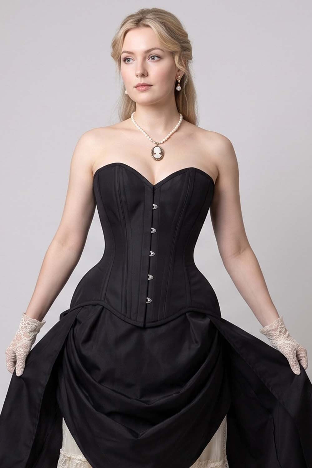 IMOGEN Overbust Waist-Training Corset in Black Satin on model - front view