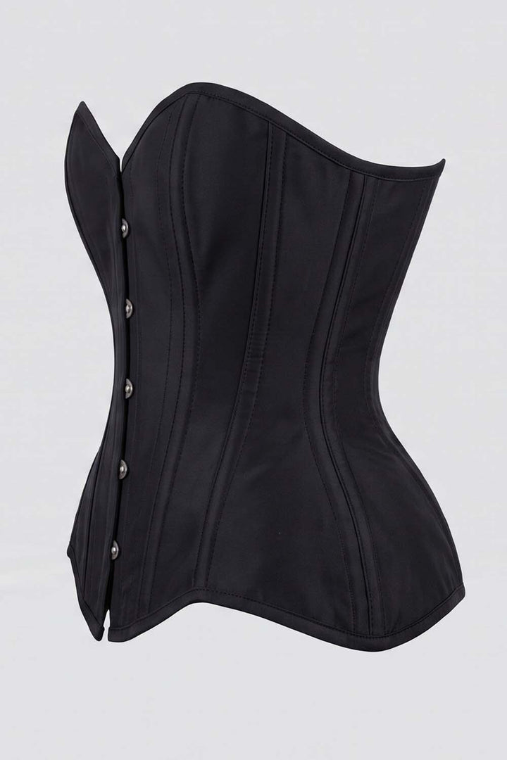 IMOGEN Overbust Waist-Training Corset in Black Satin by Luxe Noir - side view