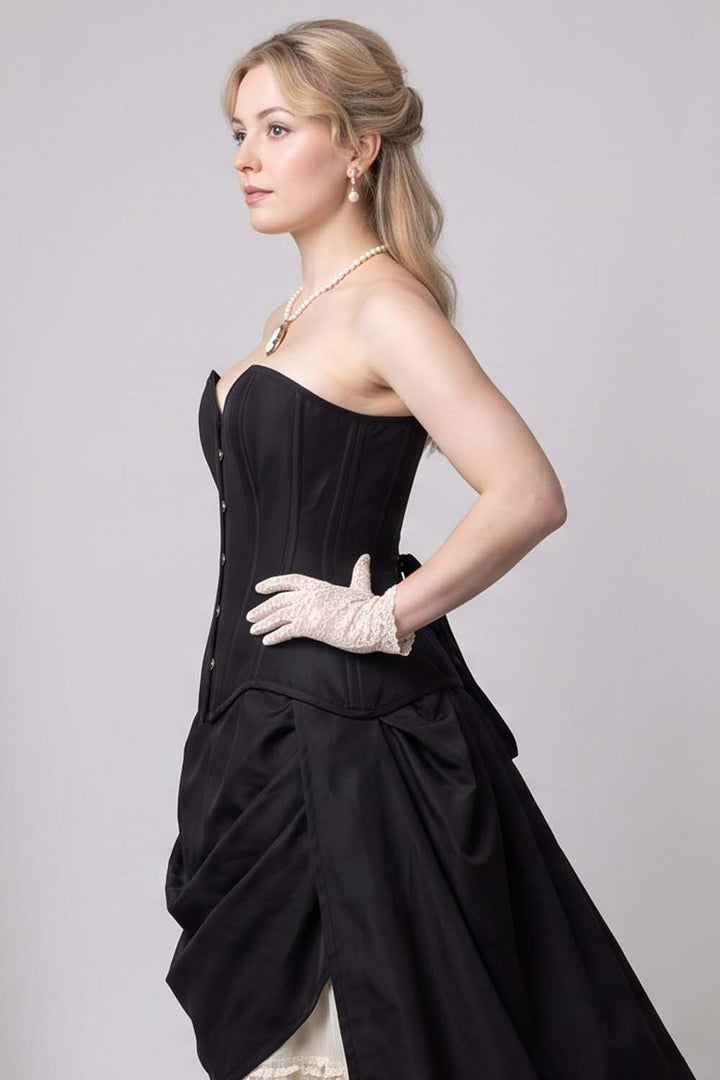 IMOGEN Overbust Waist-Training Corset in Black Satin on model - side view