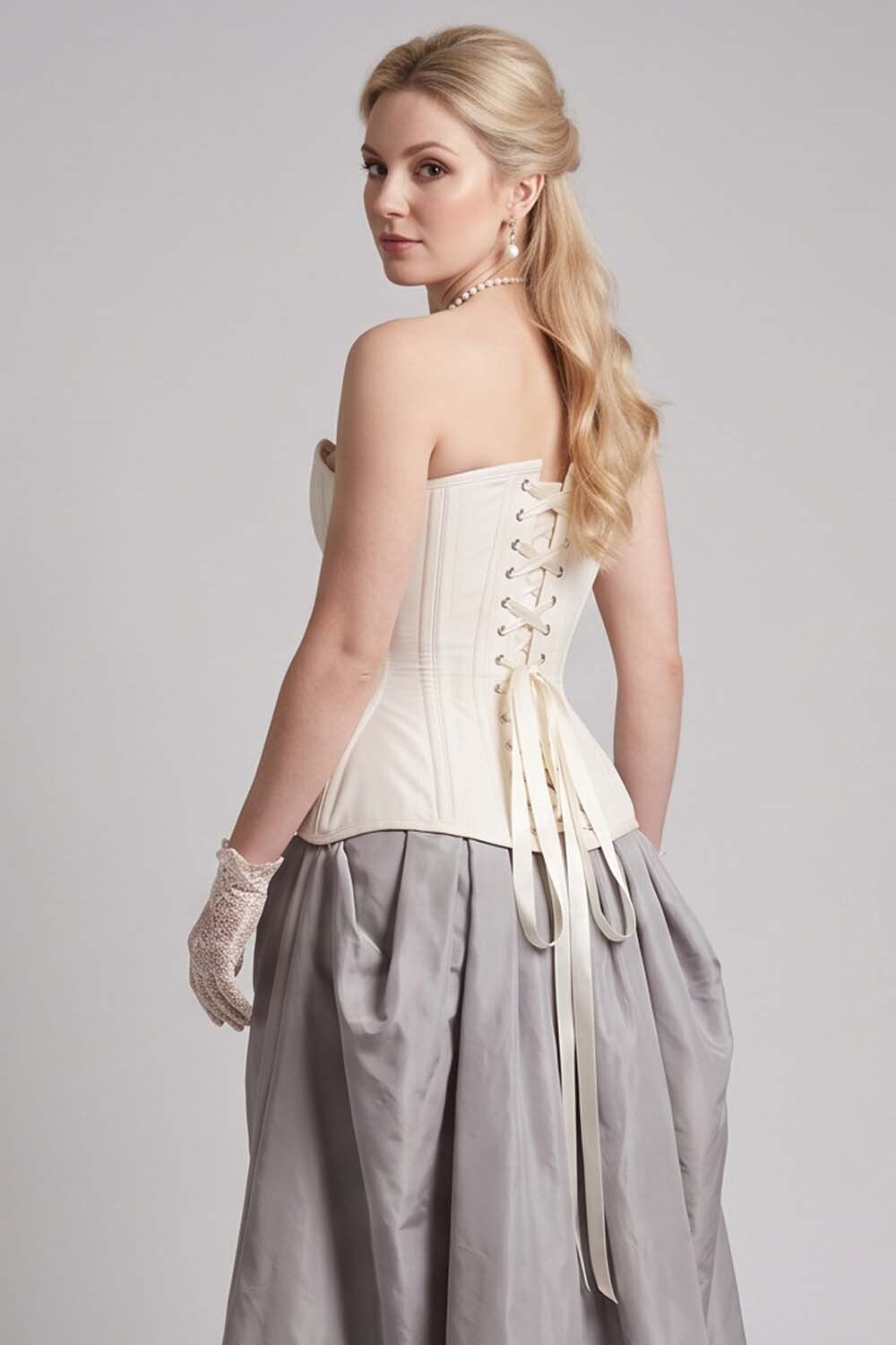 IMOGEN Overbust Waist-Training Corset in Ivory Taffeta on model - back view