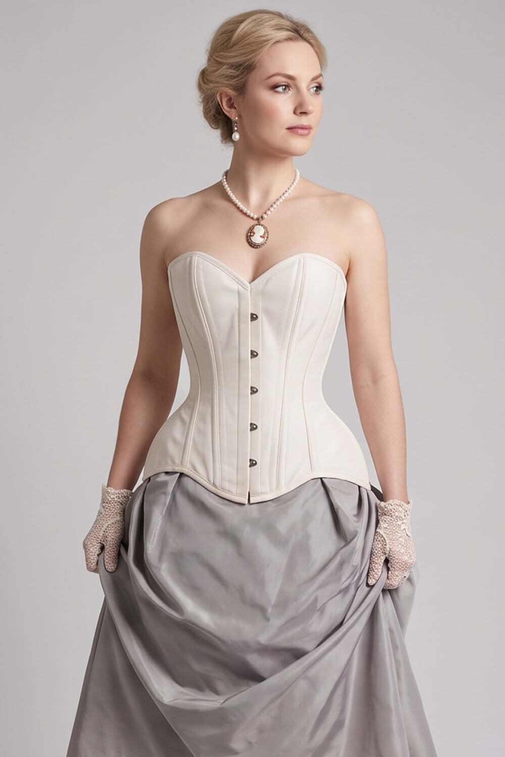 IMOGEN Overbust Waist-Training Corset in Ivory Taffeta on model - front view