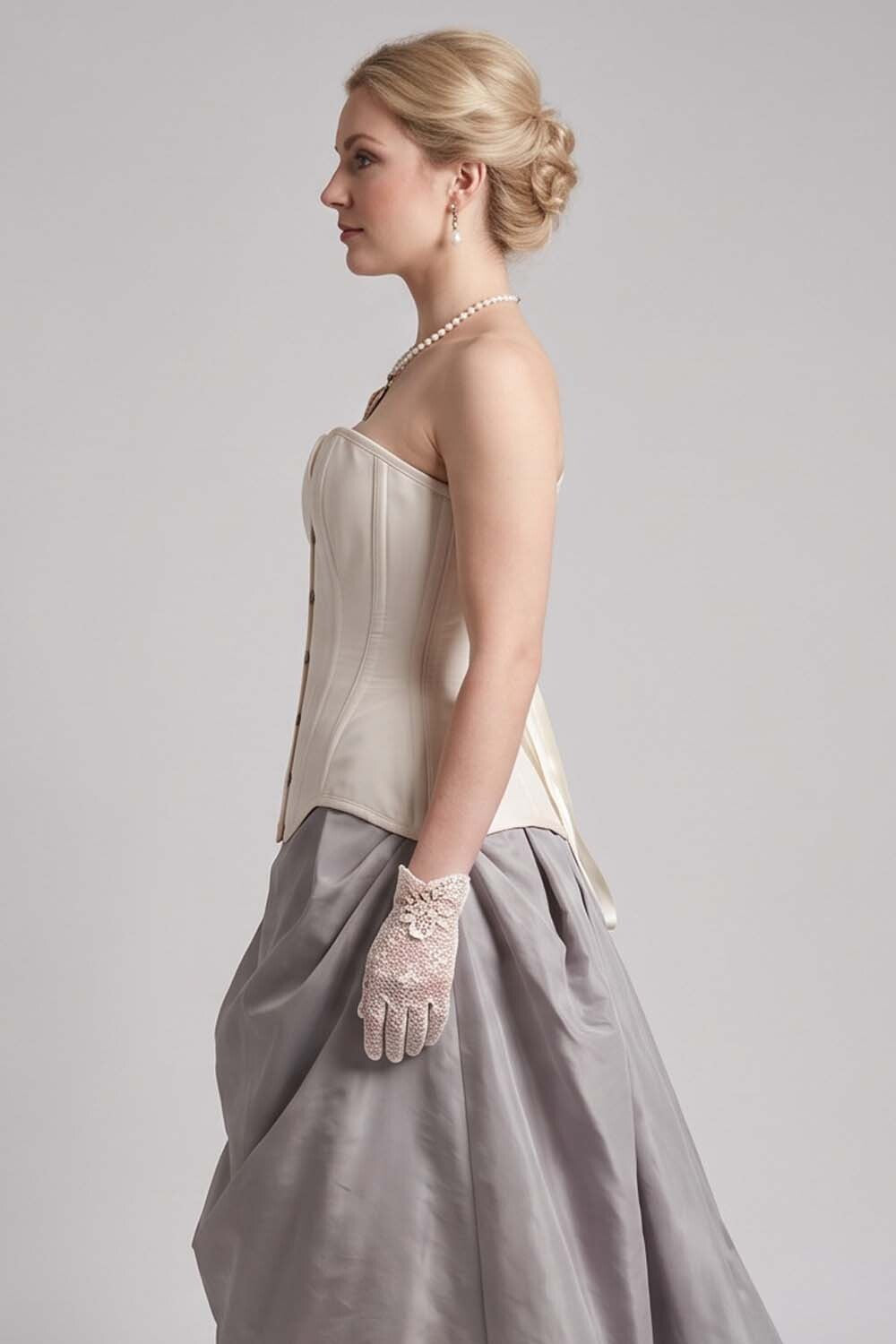 IMOGEN Overbust Waist-Training Corset in Ivory Taffeta on model - side view