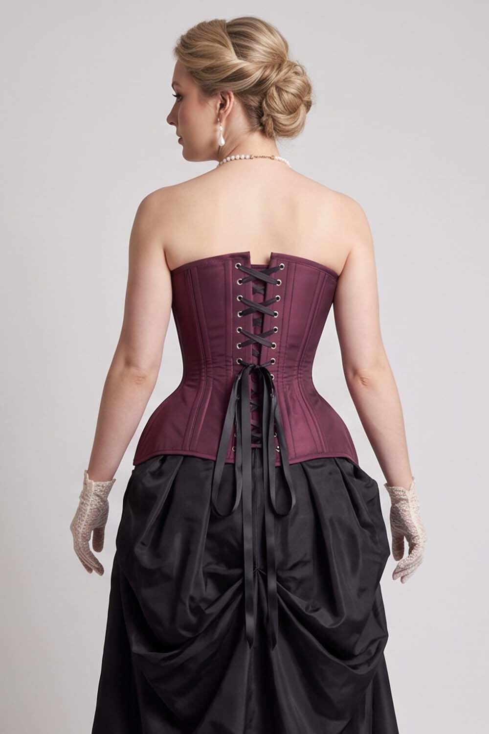 IMOGEN Overbust Waist-Training Corset in Plum Taffeta on model - back view