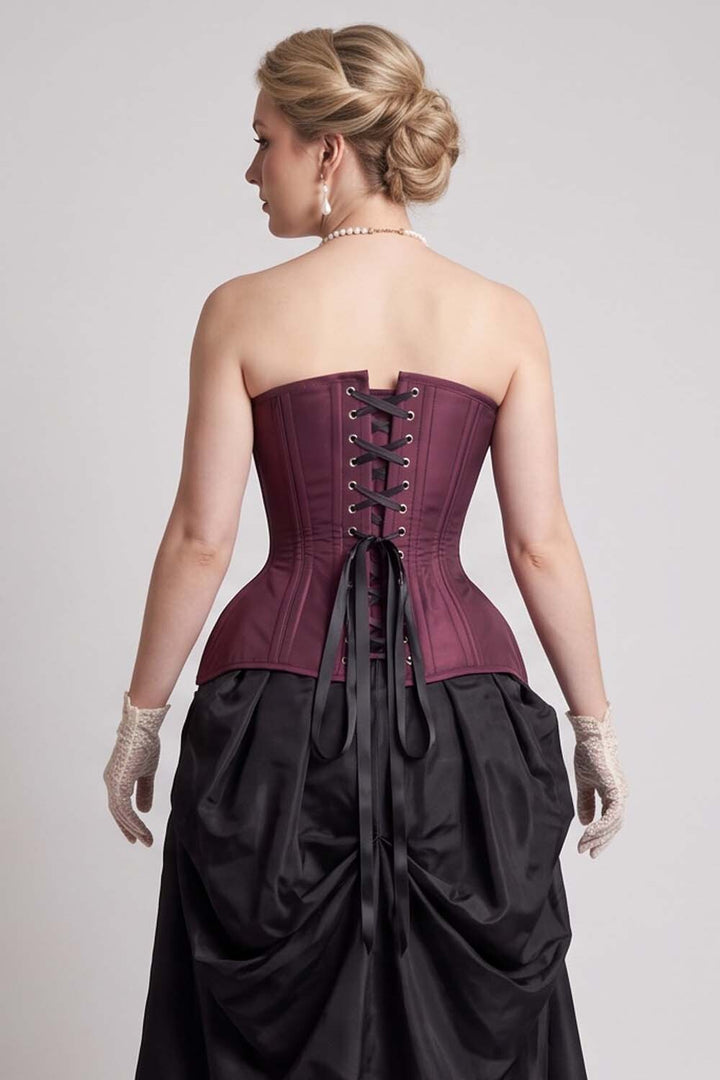 IMOGEN Overbust Waist-Training Corset in Plum Taffeta on model - back view